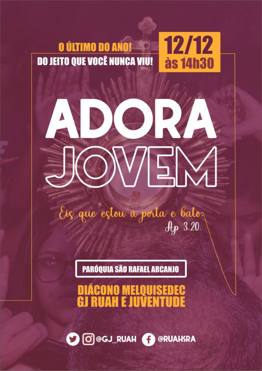 gj_ruah's tweet photo. ✨ O grupo Jovem Ruah convida você para estar conosco no nosso ÚLTIMO adora jovem do ano e o mais esperado!! 

Queremos agradecer por todas as vitórias e até mesmo as lutas, pois até nas dificuldades o Senhor
esteve conosco e nos sustentou! https://t.co/EcUINffN7u