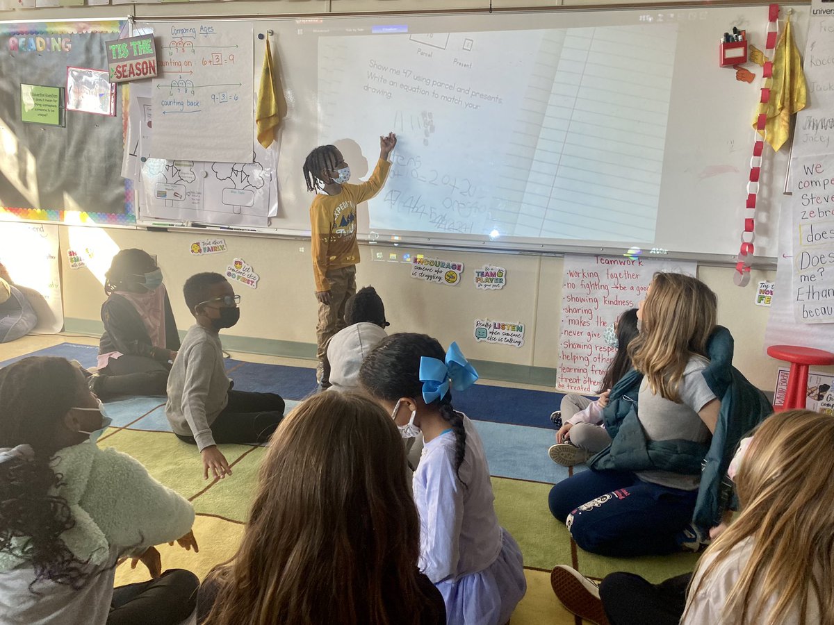 mrs_meads's tweet photo. Students explaining to their classmates the strategies they used to solve our productive struggle in math 🤩 @CarneyElem https://t.co/IfKiAGUtz3