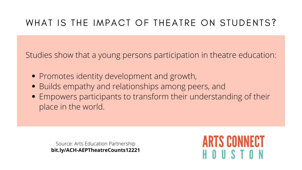 artsconnecthtx's tweet photo. Theatre education is deeply beneficial to young people when offered on-campus during the school day!
#ArtsInEdHTX #artsed #theatreeducation
📚 Read more in @aep_arts recent "Theatre Counts" report at https://t.co/67UtJC3DC6. https://t.co/OmK87P0UsU