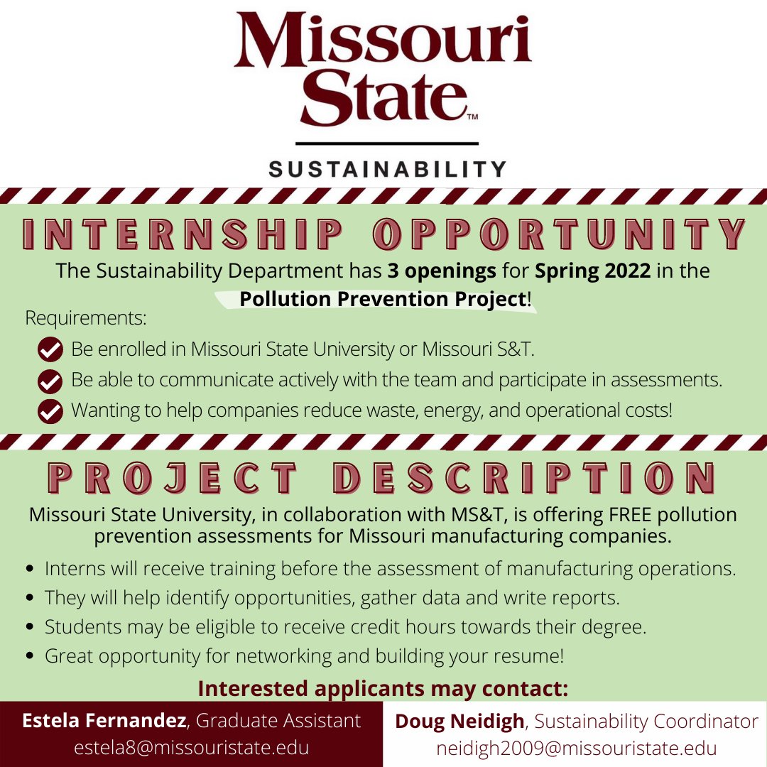 Finals are almost here, which means the Spring semester is around the corner and we have new internship opportunities in the Pollution Prevention Program! For more information, complete this form: ow.ly/i2u350H2pAx