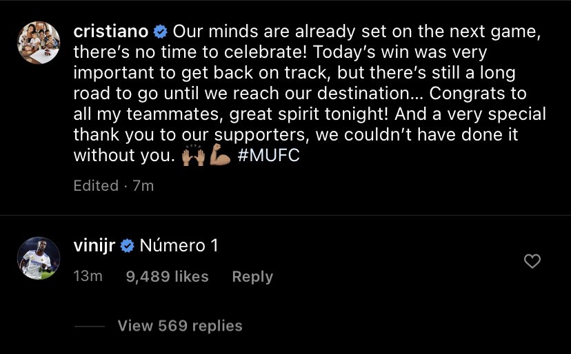 totalcristiano's tweet photo. Vinicius on Ronaldo’s post: ‘Numero 1’ https://t.co/xIwTDfQz6w