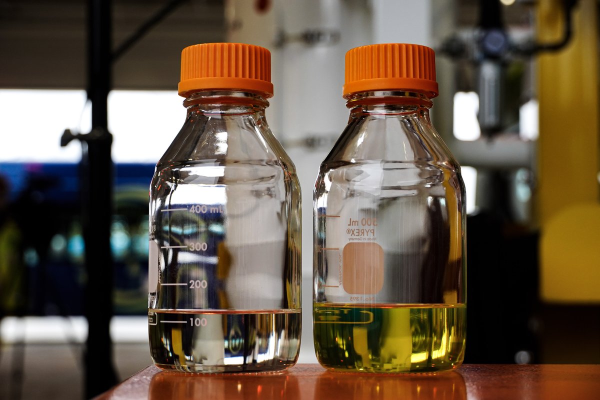 trimet's tweet photo. Not only is the renewable diesel clearer than our old diesel, but it will burn much cleaner. 

Even accounting for transporting the fuel here, moving to this fuel – along with our switch to renewable electricity in June – will take the equivalent of 14,693 cars off our streets. https://t.co/Xjx1FJx1DH