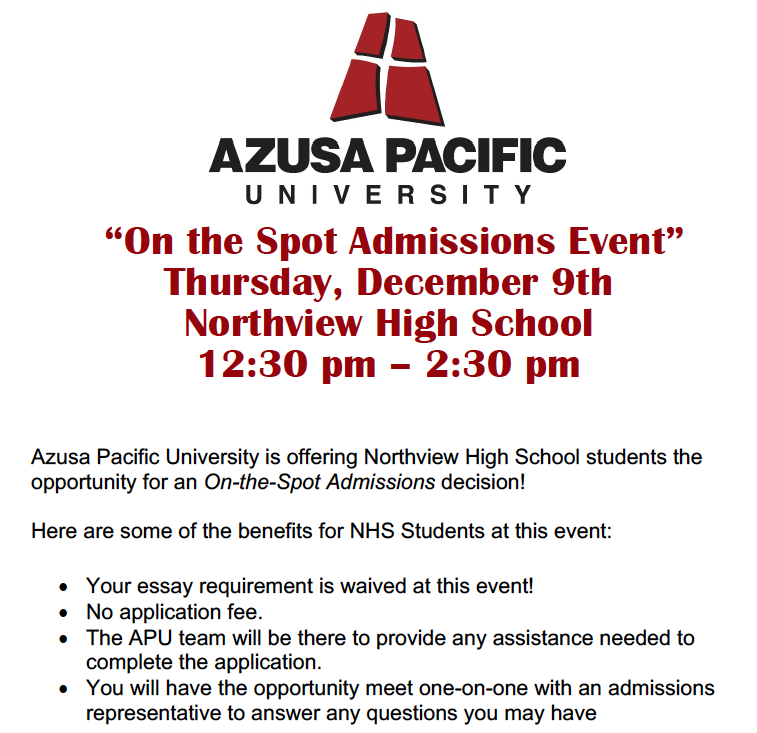 ⚡️SENIORS⚡️ Register now for our APU On the Spot Admissions Event &gt;&gt; bit.ly/31mZ6ab
&gt;Waive your essay and application fee!
&gt;Get your admission decision ON THE SPOT
Deadline to register is 12/7. See Mrs. Corona with any Q's.
<a href="/NHSVikings/">Northview Vikings</a> <a href="/NHSCounseling_/">Northview HS Counseling</a> <a href="/nhsvikingsAVID/">NHSAVID</a>