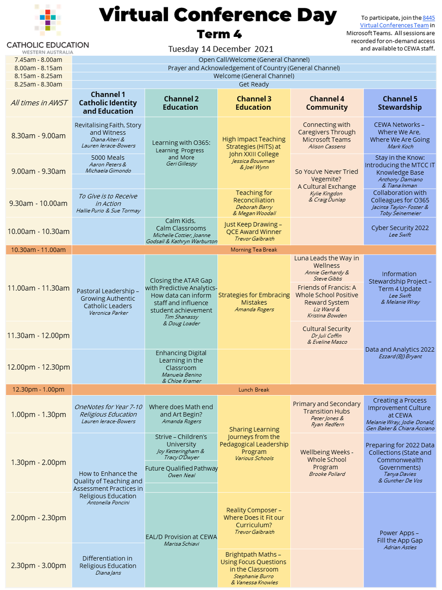 CEWADigitalTech's tweet image. Don&apos;t miss CEWA&apos;s full day of FREE professional learning webinars on Tuesday 14 December 2021 8.30am-3pm AWST.  Hear from staff in our schools and international presenters from Microsoft! 

CEWA Staff: bit.ly/virtualconfere…
Guests: bit.ly/CEWAGuestForm