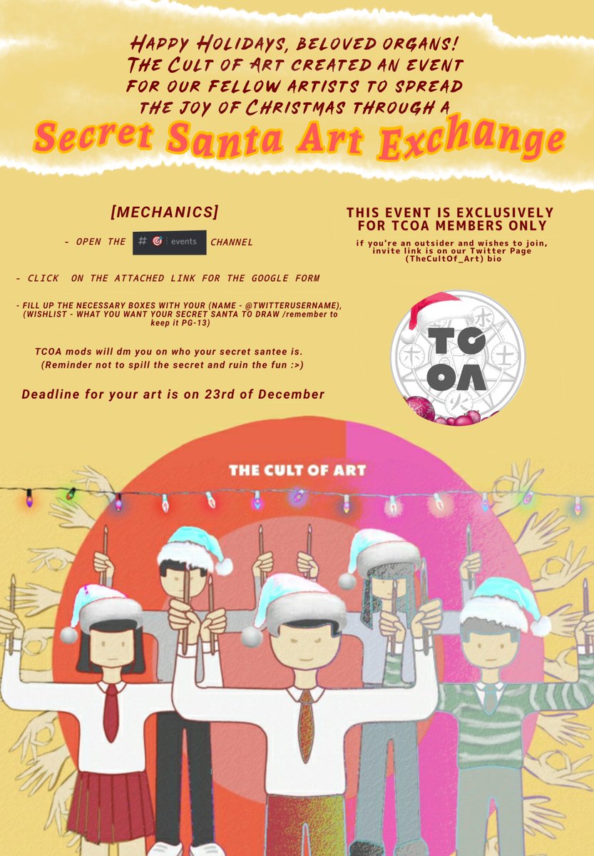 TheCultOf_Art's tweet photo. [EVENT] Secret Santa Art Exchange! 🎄
(see below pic for details)

[invite link- https://t.co/sZaFtz2FoQ] https://t.co/B0GNlSqGhA