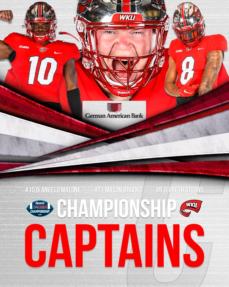 WKUFootball's tweet photo. 👨‍✈️ 𝗖𝗛𝗔𝗠𝗣𝗜𝗢𝗡𝗦𝗛𝗜𝗣 𝗖𝗔𝗣𝗧𝗔𝗜𝗡𝗦 👨‍✈️

Defense: #10 @debomalone18
Offense: #77 @maseb82
Special Teams: #8 @jerrethsterns

#GoTops | @ConferenceUSA https://t.co/mElyJihuRF