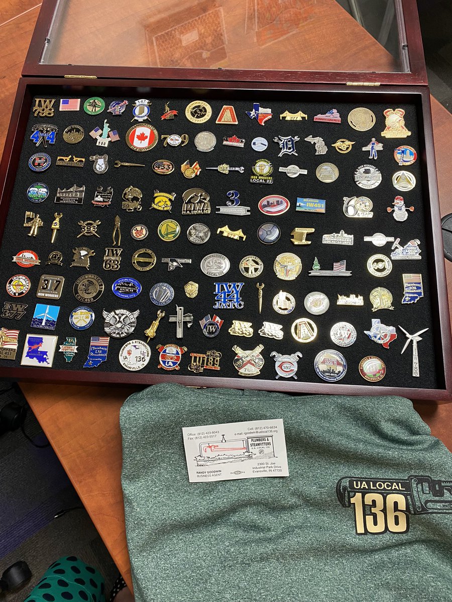 ProfMull's tweet photo. A massive shoutout to @claygoodwin1 and Local 136 (Welders, Pipefitters, and Steamfitters) for my new pins and hoodie. I’ve incorporated the pins with my #IronWorker shadowbox, and am just immensely humbled by the kindness and acceptance by the #UnionTrades! #TradesMatter https://t.co/utPWRue3NA