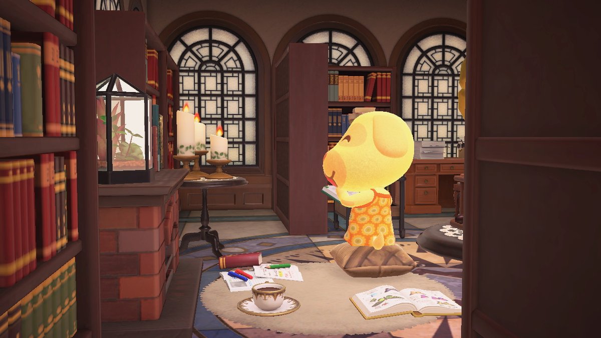 imnotcallie's tweet photo. goldie came overso we had a photo shoot in my library #AnimalCrossing #ACNH #NintendoSwitch https://t.co/KWXHIqqJCk