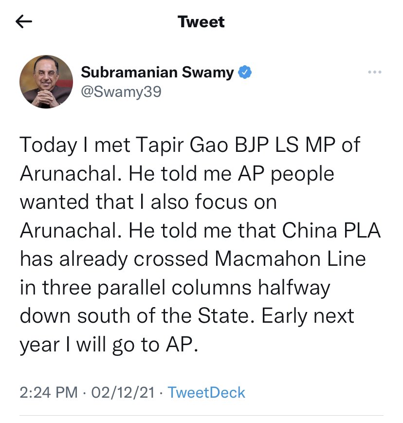 TapirGao's tweet photo. I met @Swamy39 in Central Hall,Parliament on 2 Dec at 10:35 AM, when he asked about Chinese intrusion I told him that during 1962 war China occupied 2-3 locations during Congress regime but no fresh incursion has taken place during Modi regime; unfortunately he has misquoted me. https://t.co/INzi043u7K