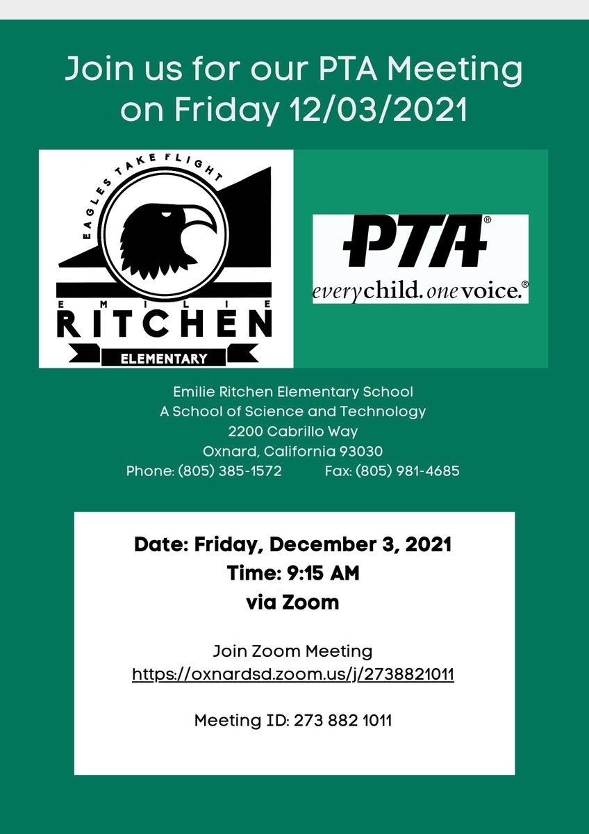 Hello Ritchen families! We will be having a PTA meeting tomorrow Friday, December 3rd. Hope to see you there!!