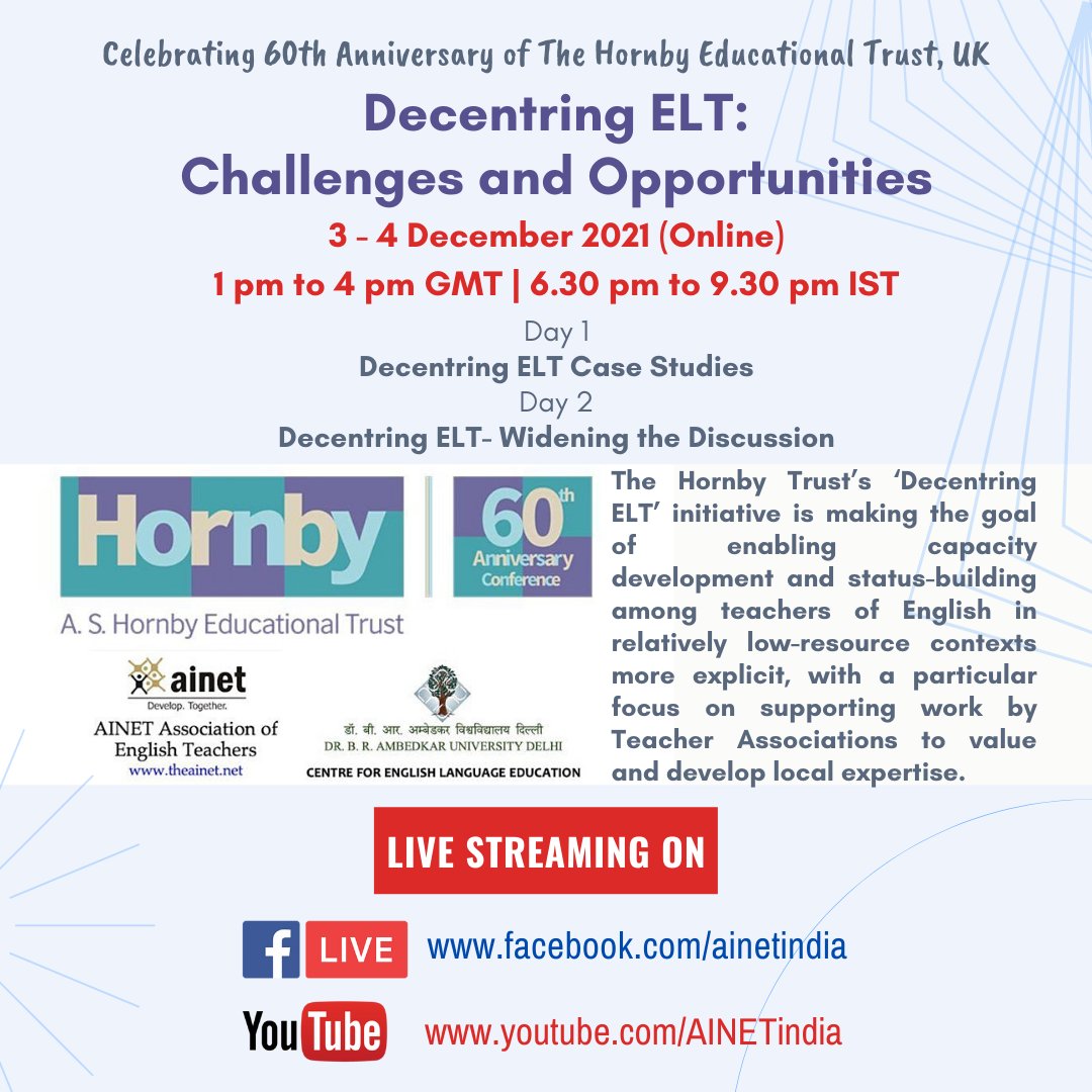 ainetindia's tweet photo. JOIN US TODAY 1 PM GMT FOR LIVE STREAMING OF HORNBY TRUST UK's 'DECENTRING ELT CONFERENCE'
 LIVE ON https://t.co/MutiIpZWjd and https://t.co/EwrZuG7BAg
Conference co-chairs: @amolpad @RichardSmithELT 

#ainetconnect #decentring #elt #eltindia
@hkuchah1 @prebolledoc @KKCHINNU https://t.co/5xRsNDTDEg