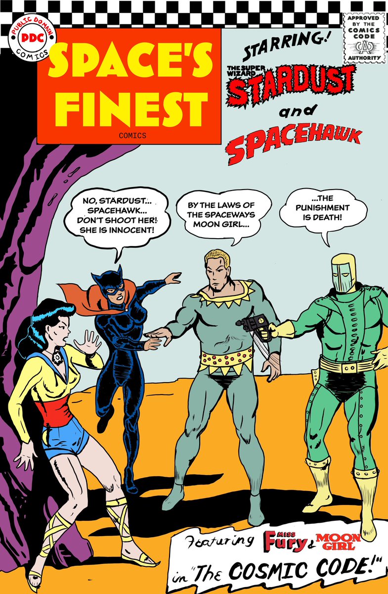 pulp2pixel's tweet photo. Imaginary Tales: another example of theworld’s finest that never was. This time a team up between Stardust the Super Wizard and Spacehawk featuring Moon Girl and Miss Fury. #publicdomain #comicart #spacehawk #stardust #missfury #moongirl #worldsfinest #digitalart #pulp2pixel https://t.co/av9Z57eNZw