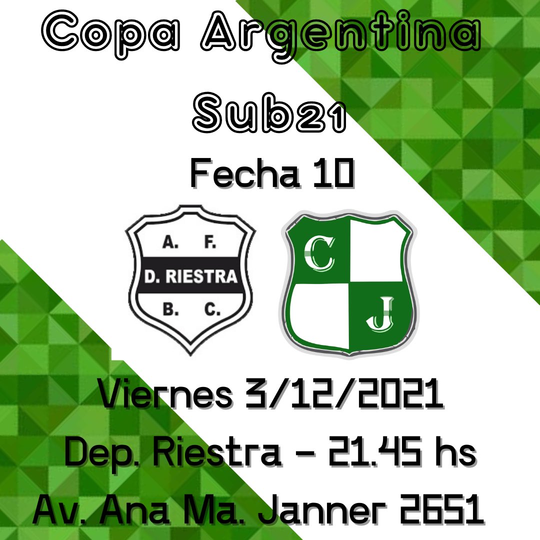 🏆COPA ARGENTINA SUB21.
✔️ FECHA 10
✔️ vs <a href="/Riestrafutsal/">RiestraFutsal</a> 
✔️ Av. Janner 2651 
✔️ 21.45 Hs. 

#SomosJuvencia 🇳🇬