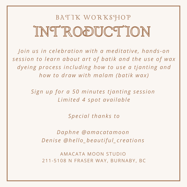 explorASIAN's tweet photo. Join our friends The Batik Library on Dec 5th at 10am with a meditative, hands-on session to learn about art of batik and the wax dying process including how to use a tjanting and how to draw with malam (batik wax).
Register here: https://t.co/8AJuslW46s
#batikworkshop https://t.co/f1sO5JyCmq