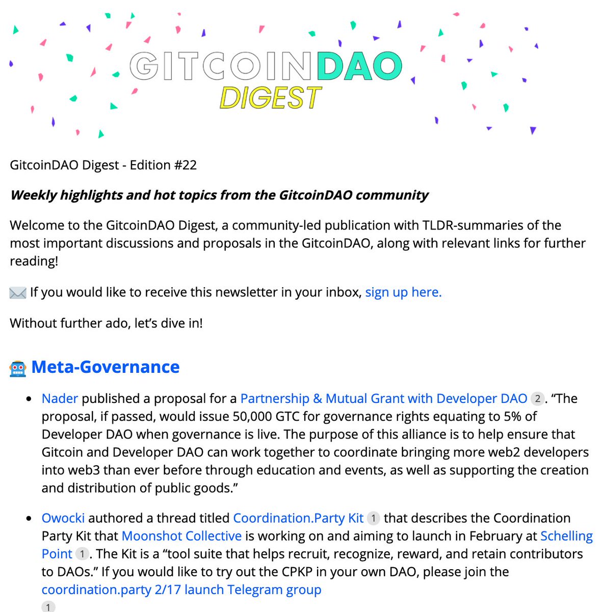 AdrianRicard0's tweet photo. FWB has weekly TL;DR
Gitcoin has the GitcoinDAO Digest

What other communities are doing summaries? 

(summarizing their own activity, not the general space) https://t.co/ETnNNNqG8L