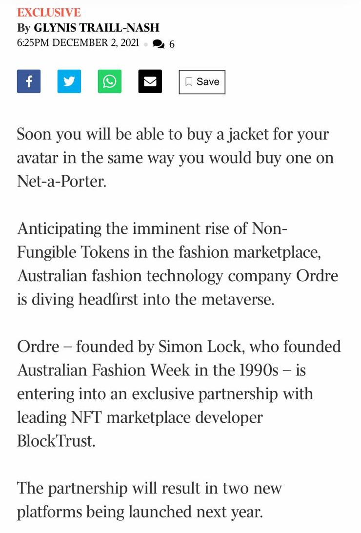 __MikeAlexander's tweet photo. I'm proud to announce our ground-breaking deal with  https://t.co/V7GCWgIdvT to create the world's pioneering Fashion #NFT marketplace as announced in The Australian today [subscription required]

https://t.co/INwY4C9NXw https://t.co/hQo0rN92Y0