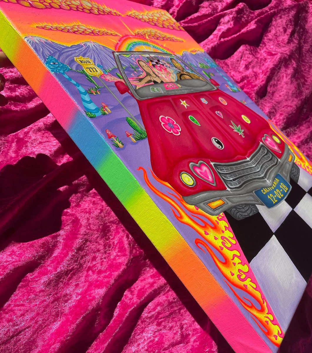 mo0shie's tweet photo. Had the honor of painting this anniversary gift for a beautiful couple!! 🥺💜 went for a fear and loathing in Las Vegas dreamscape 💖☁️🌈🌵 https://t.co/GIVuo1aXil