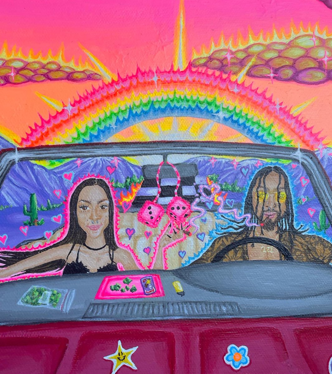 mo0shie's tweet photo. Had the honor of painting this anniversary gift for a beautiful couple!! 🥺💜 went for a fear and loathing in Las Vegas dreamscape 💖☁️🌈🌵 https://t.co/GIVuo1aXil