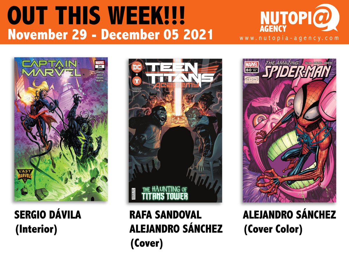 nutopiaagency's tweet photo. OUT THIS WEEK!!! Captain Marvel #34, Amazing Spiderman #80 and Teen Titans Academy #8. Get Your copy! #captainmarvel #teentitansacademy #amazingspiderman #marvel #marvelcomics #dc #dccomics #nutopiaagency #comicart #comics #comicbooks #comicfan #comicbookfan #fan #spiderman https://t.co/PH02sLhKYt