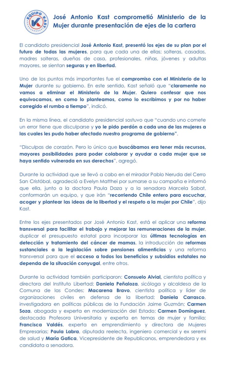 📌 COMUNICADO |

José Antonio Kast comprometió Ministerio de la Mujer durante presentación de ejes de la cartera.