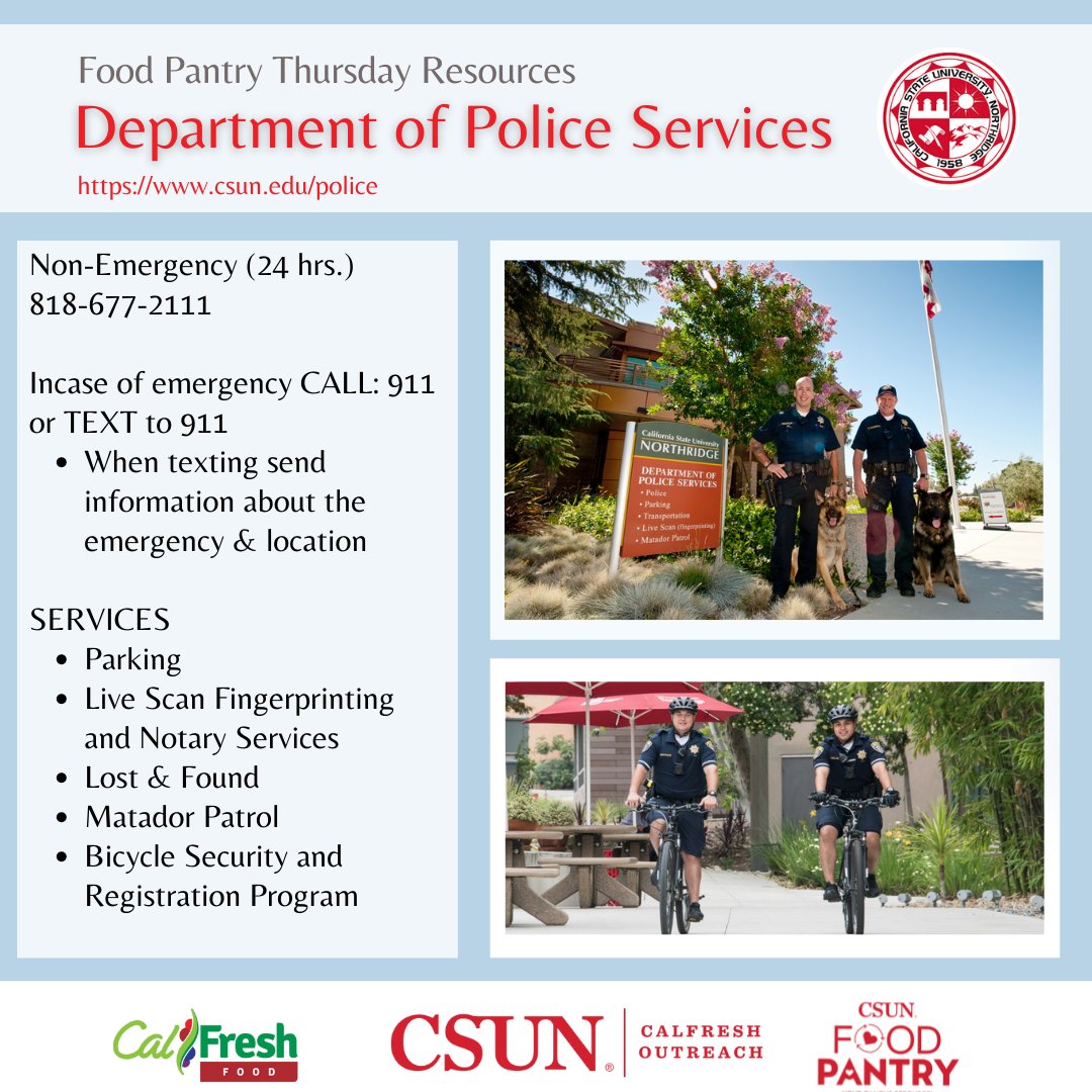 This Thursday, we want to highlight and share information about the CSUN Department of Police Services. They offer incredible crime prevention programs and services such as the Matador Patrol Campus Safety Escorts and the Bicycle Security and Registration Program.