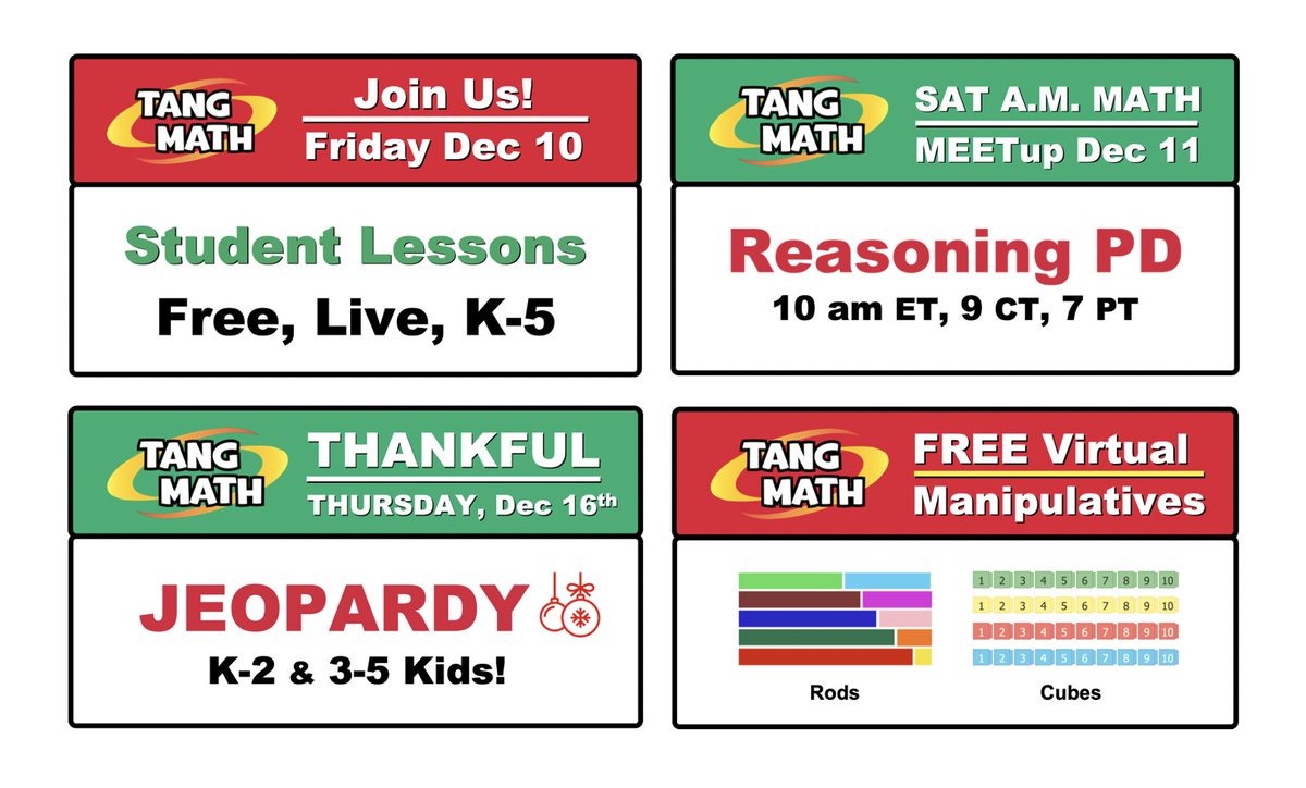 Getting excited about next week! I'll be teaching 6 student lessons Friday to give you a break before the weekend.

The following Thursday, it's Tangy Jeopardy to get your kids ready for vacation.

In between, FREE PD for you on Saturday.

'Tis the Season!
TangMath.com/UP