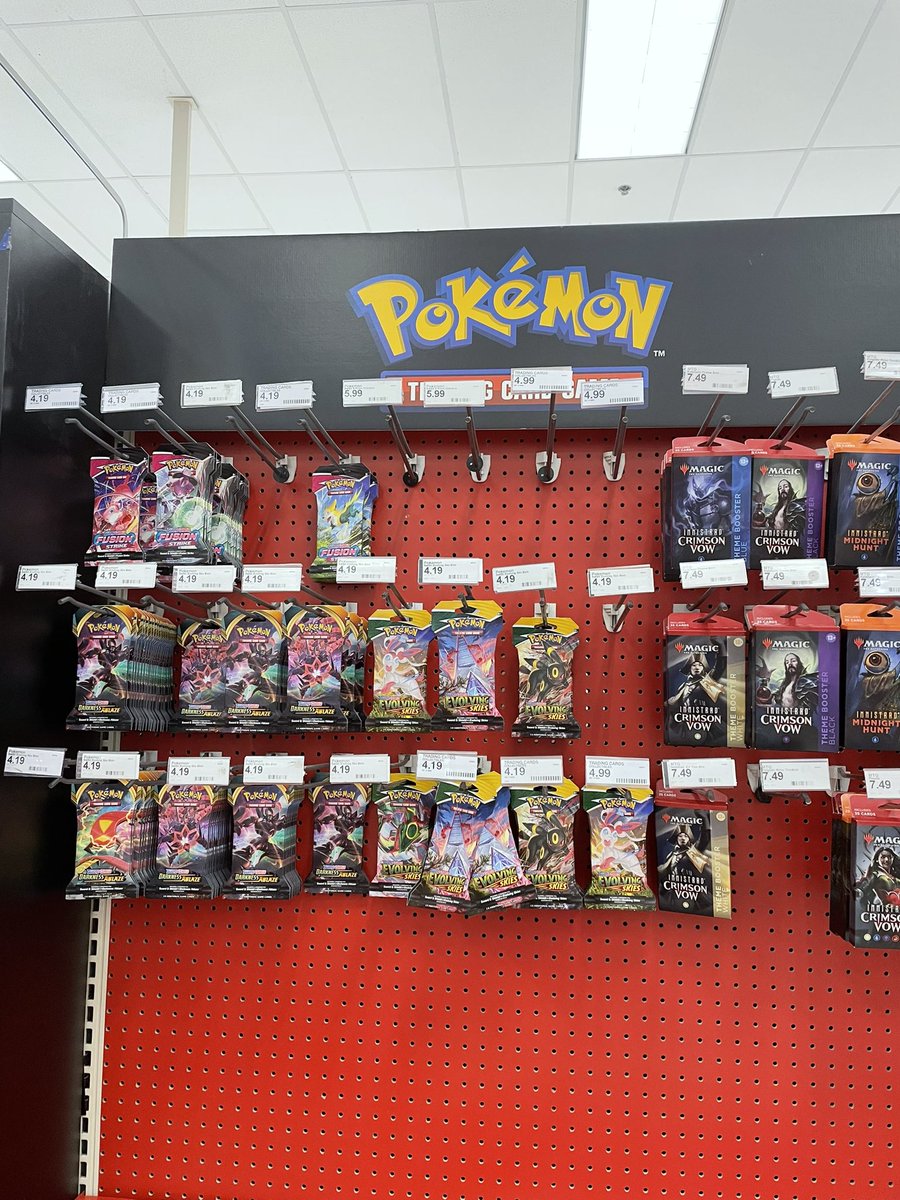Upland Target:
Fusion Strike, Evolving Skies, and Darkness Ablaze booster packs
Also a couple Celebrations Ultra-PRO Portfolios, nothing in toy aisle