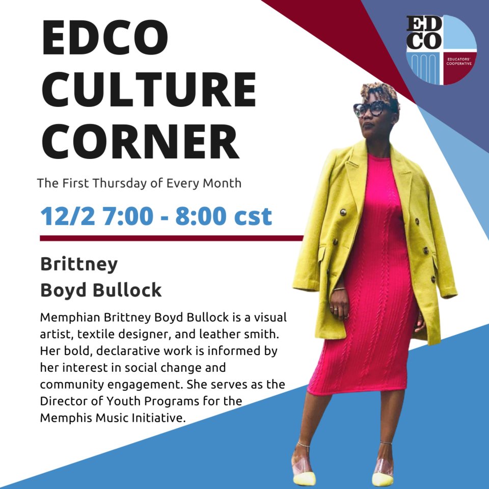 Ed_Cooperative's tweet photo. TONIGHT:: Memphian Brittney Boyd Bullock is a visual artist, textile designer, and leather smith. Her bold, declarative work is informed by her interest in social change and community engagement. #EducatorsCooperative #ForTeachersByTeachers #EdCoWorks #NashvilleSchools https://t.co/F3sq5hWUC4