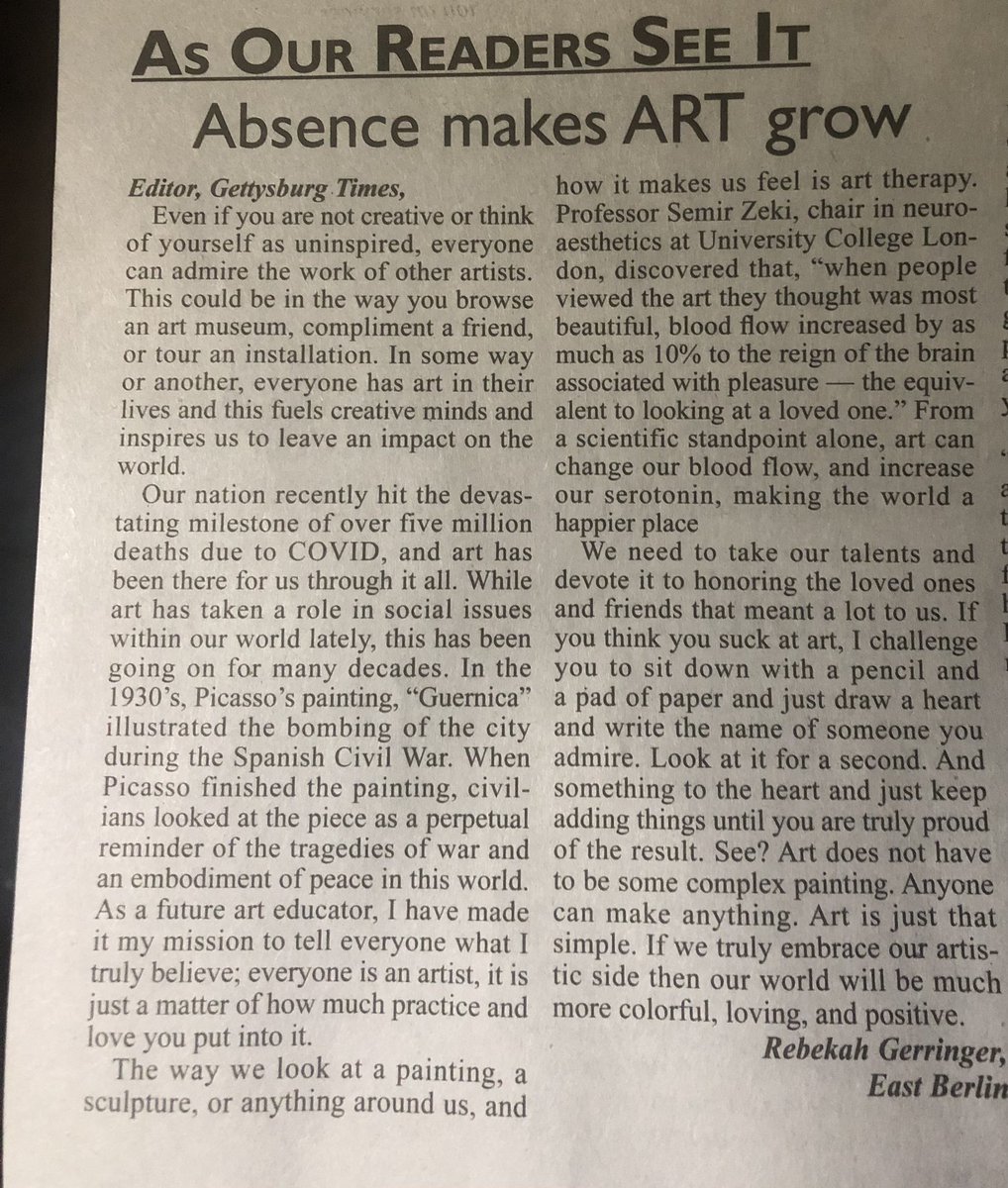 BermudianArt's tweet photo. Todays Gettysburg Times letter to the editor. #bermpride #BSHSNAHS our NAHS president advocating for art in our lives! https://t.co/fX7hjzyRGf