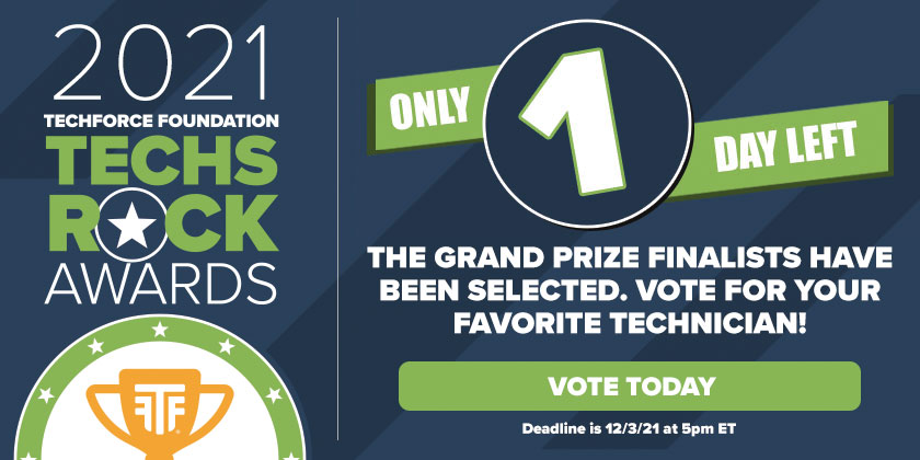 Left than 24 hours left to vote for the 2021 #TechsRockAwards Grand Prize Winner! Voting closes tomorrow at 5 PM EST/ 2 PM PST, so vote now: hubs.ly/Q010bYQz0

#TechsRock #WhenTechsRockAmericaRolls #newcollarcareer #awards #STEM #wrenching #shoplife #techniciancareers
