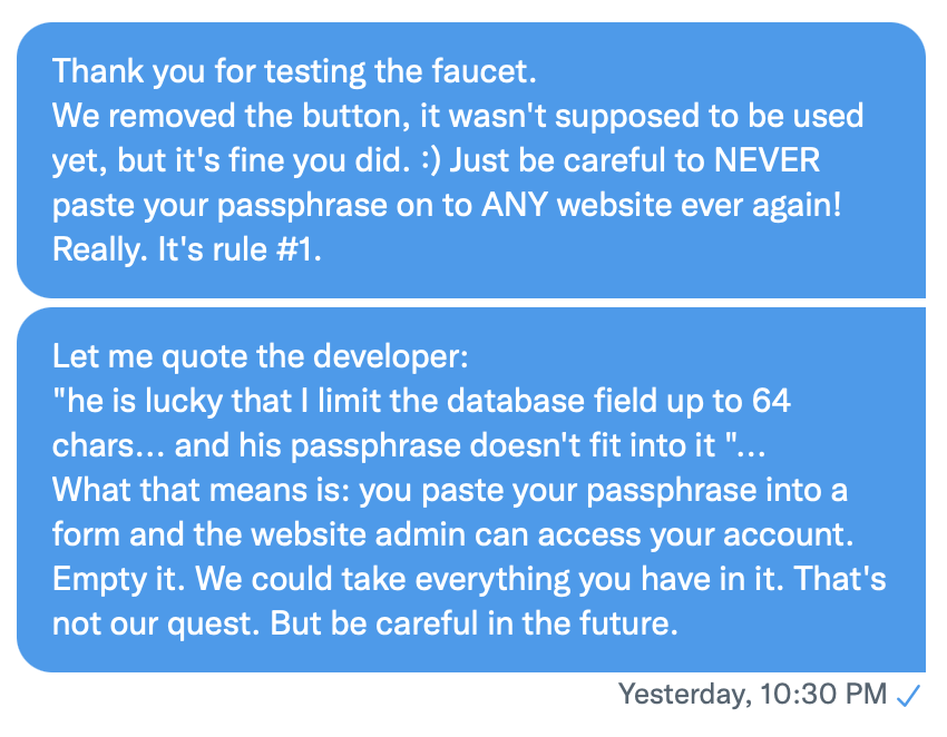 This is a msg to ARDOR-7VH3-MKZB-AD52-4DNSA: 
We advise you to move your funds to a new account!

I DM'ed you a warning earlier, screenshot attached. 

We didn't receive your passphrase. I post this as it serves as a warning to others too, so please read the attachment. Be safe.