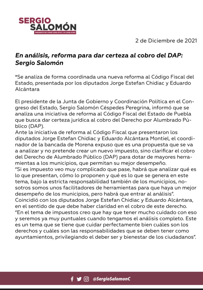 GLMorenaPuebla's tweet photo. ☑️El coordinador del Grupo Legislativo de Morena, @SergioSalomonC, afirma que se encuentra en análisis del @CongresoPue la reforma para dar certeza al cobro del  DAP. 
👇🏼 https://t.co/Jt7t4glujc