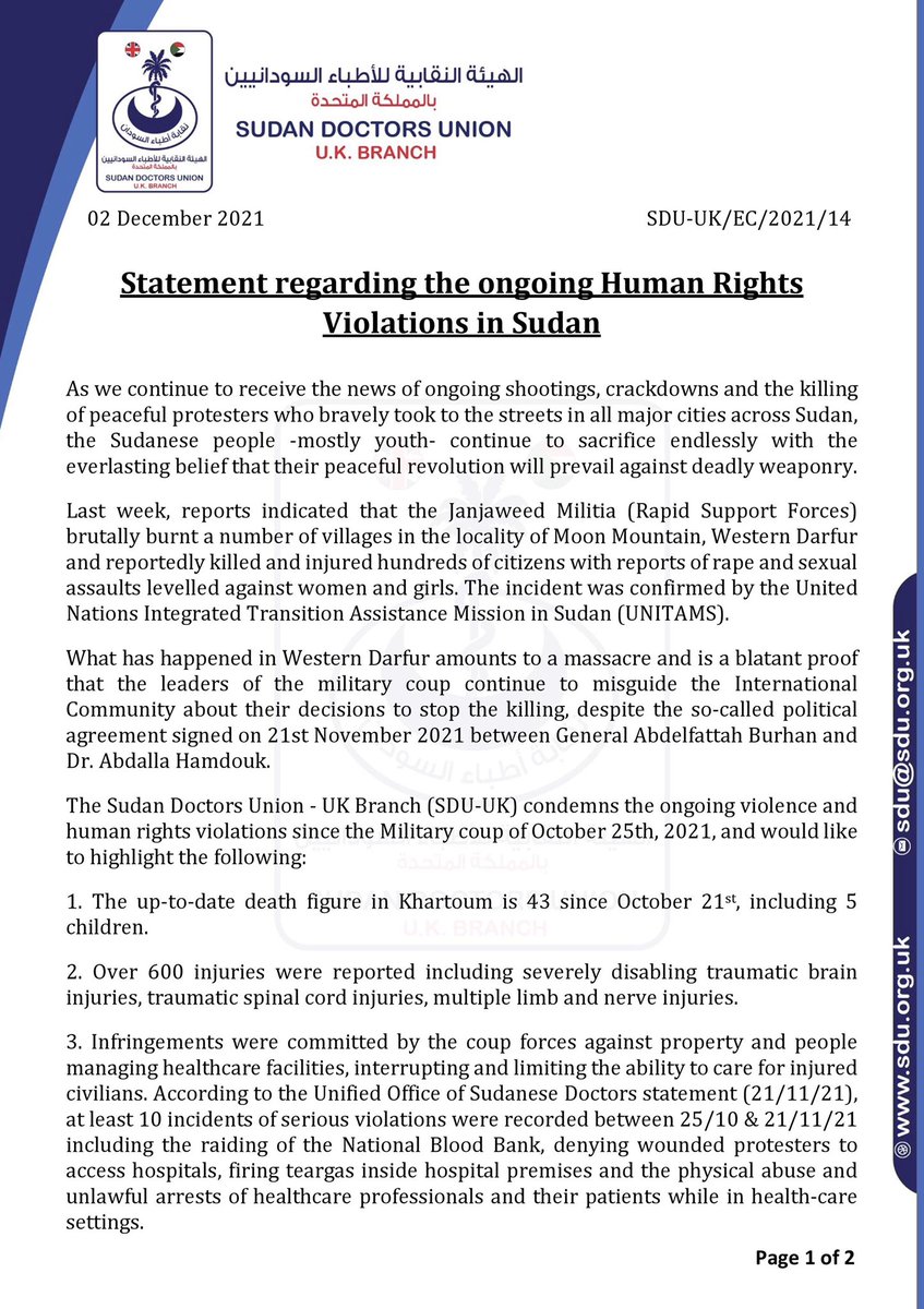 uk_sdu's tweet photo. Statement regarding the ongoing Human Rights Violations in Sudan

بيان إدانة لاستمرار القمع وانتهاكات حقوق الانسان في السودان حتى بعد اتفاق البرهان وحمدوك البائس 

@SUDTwittForum 
@hrw @amnesty 
#الردة_مستحيلة #لا_للانقلاب_العسكري #لاتفاوض_لاشراكة_لاشرعية #AgainstMilitaryCoup https://t.co/PZ5jHw5VMq