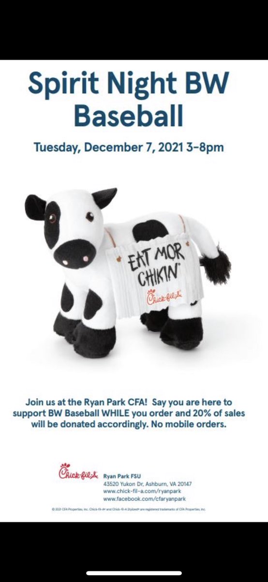 What’s your favorite food from Chick-Fil-A? Whatever it is, be sure to grab it on Tues 12/7 from the Ryan Park location between 3 &amp; 8 pm &amp; mention Briar Woods baseball to show your support.