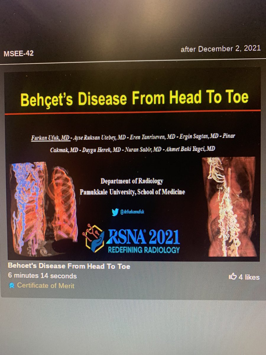 drfurkanufuk's tweet image. Our #RSNA21 exhibit received a Certificate of Merit. This is my first @RSNA award and I am very happy. Thank you so much everyone. See you next year 🤗