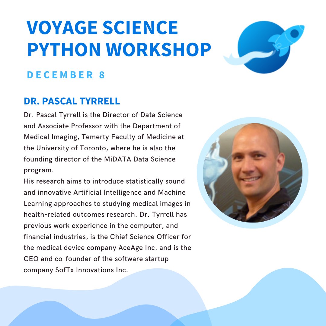 VoyageScience's tweet photo. Voyage Science’s Virtual Python Coding workshop will be happening next Wednesday December 8th at 4:00pm learn the fundamentals of code and explore opportunities and careers in technology with guest speaker Dr. Tyrell University of Toronto’s Director of Data Science🚀 https://t.co/bQBQ8YtmKB