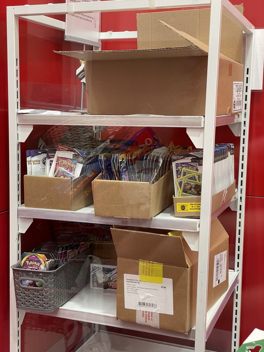 Montclair Target has Battle Styles, Chilling Reign, Fusion Strike, and Evolving Skies packs behind Customer Service counter
Pokemon Jumbo binders in the trading cards aisle
Nothing in the toy aisle