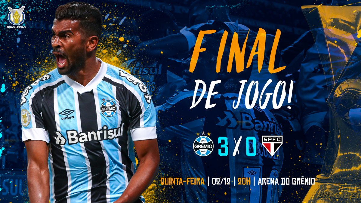 Gremio's tweet photo. Fim de jogo: #Grêmio 3x0 São Paulo
Diante da nossa torcida que não parou de cantar e gols de Thiago Santos e duas obras de arte de D. Barbosa e J. Robert, conseguimos triunfar sobre a equipe do São Paulo e somamos importantes pontos nesta reta final.
⚽🇪🇪 #GRExSAO https://t.co/kJYu3L3aVC