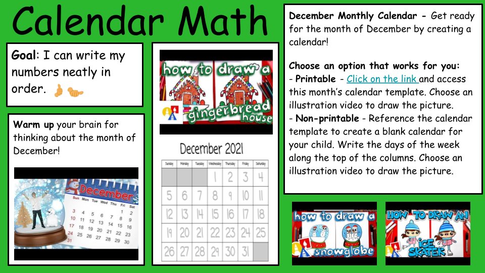 PintoBeanz11's tweet photo. It's December! Littles bring in the new month by creating a calendar & practice:
✍️number formation
👆counting the days
🖍️illustrating w/ @ArtforKidsHub
FREE Calendar slides/templ... https://t.co/LvEpdgMaMq
#InnovatingPlay #MathChat #gafe4littles #kinderchat #firstchat #ecechat https://t.co/07ffogf9Df