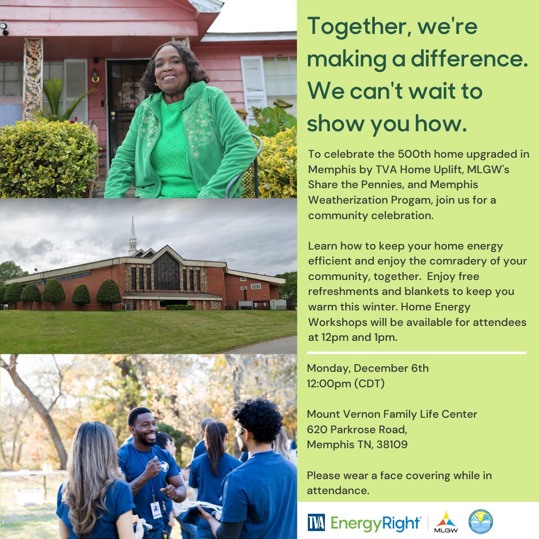 marker_yates's tweet photo. You are cordially invited.
HOME ENERGY WORKSHOPS
Learn how to weatherize your home. Get a free energy kit to get started.
Dec. 6,2021 | Noon &amp; 1 p.m.(CST)
Mt. Vernon Baptist Church – Westwood Family Life Center, 620 Parkrose Rd | Memphis, TN 38109
(Open to public; Masks required) https://t.co/rVaBVv6si5