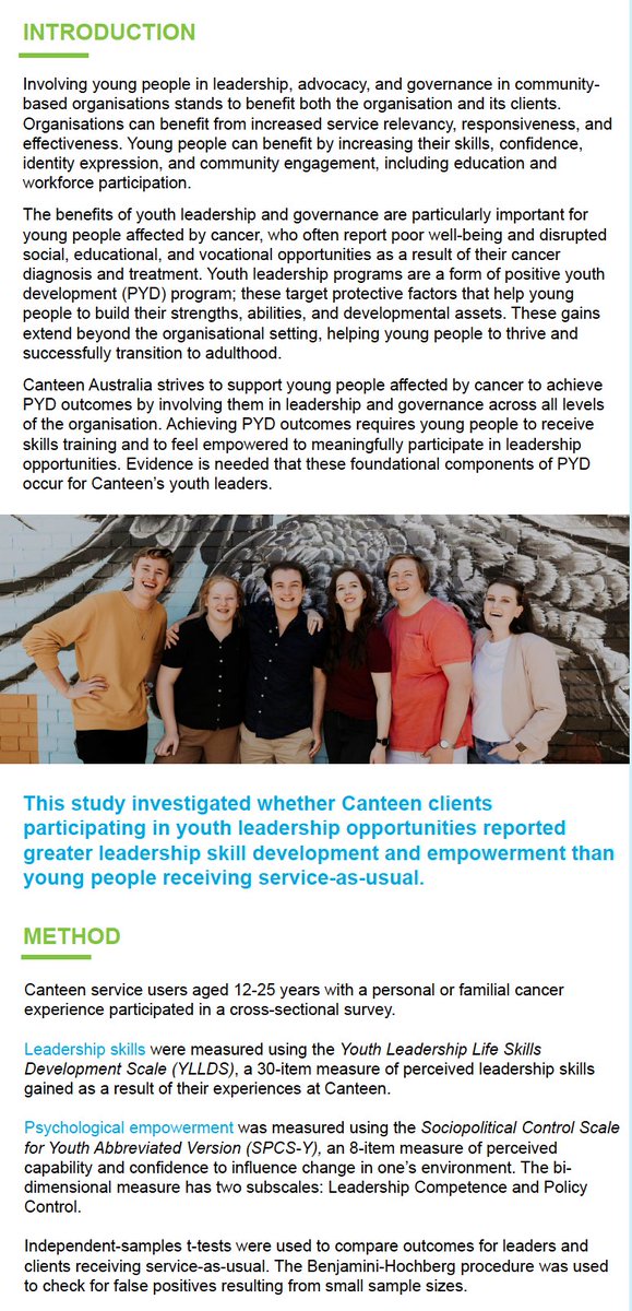 CanteenAus's tweet photo. Youth leadership is part of our DNA. Our poster at #AYACancerCongress highlights that our leaders reported significantly higher:
✅leadership skills 
✅psychological empowerment 
compared to young people receiving service-as-usual. Learn more 👉 https://t.co/fyZN0ELhcp https://t.co/vIa0pl1Ku9