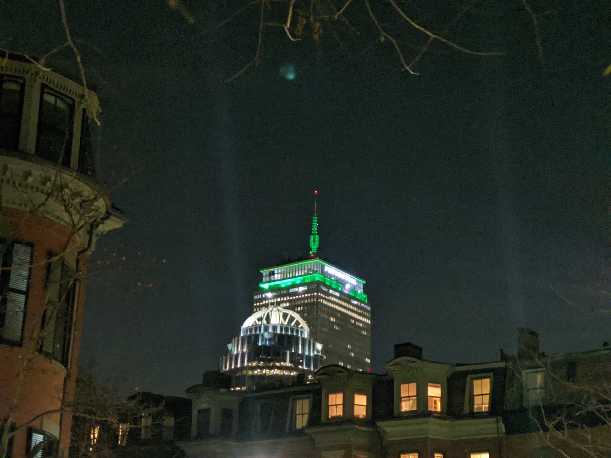 Pilotblock's tweet photo. The @pruboston is green tonight in the @southend for the Girl Scouts of Eastern Ma. @GirlScoutsEMass #31nightsoflight https://t.co/vXuTTrMxTA