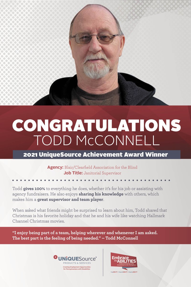 UniqueSourcePA's tweet image. This week we are celebrating Todd McConnell, one of our 2021 Achievement Award Winners.  Todd works as a Janitorial Supervisor at Blair/Clearfield Association for the Blind. Thanks Todd for all that you do!!!