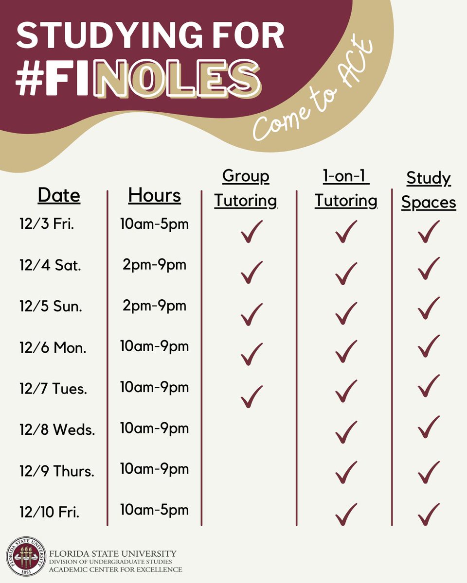 FSU_ACE's tweet photo. We have extended hours through next week for #fiNOLES, even on the weekend! Come study at ACE! 

@UnderGrad_FSU @CARE_FSU @FSUSGA https://t.co/1Im7wh7XYh