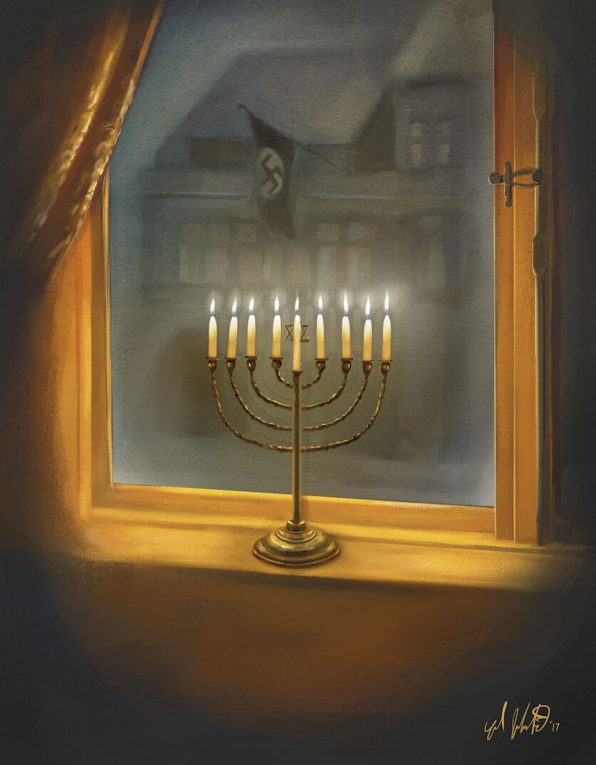 heyjudow's tweet photo. This is my painting, inspired by a famous photo taken by a young woman in Germany before WWII of her family menorah set up at a window opposite the local Nazi headquarters.

I imagined what the menorah would have looked like that night after it was lit.

#Faith
#HappyChanukah https://t.co/rbtanjoxKx