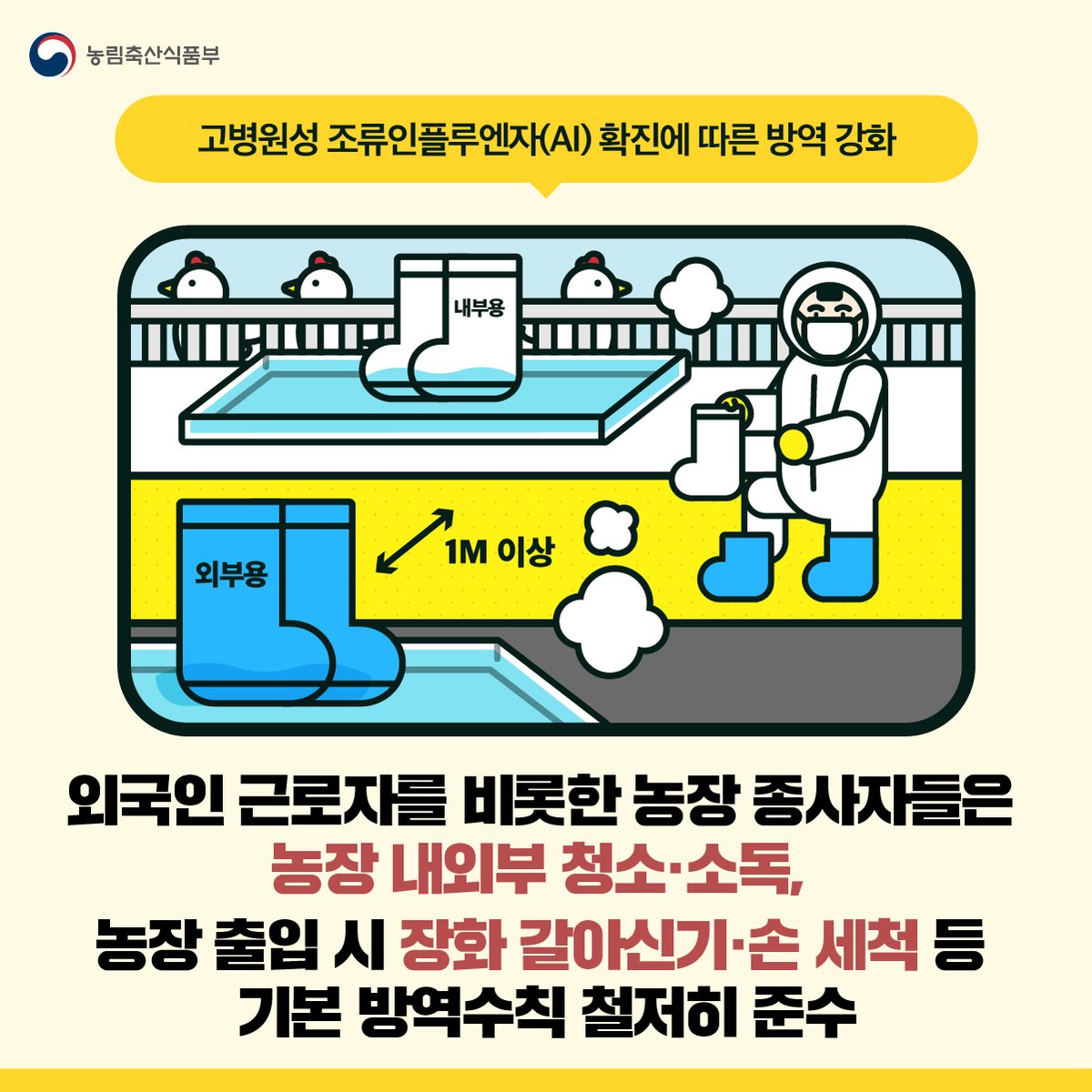 #오늘의방역

✔농장관계자는 소독설비, 방역시설이 없는 농장 부출입구, 축사 뒷문은 폐쇄하는 등 신속히 조치하기

✔농장 내외부 청소와 소독, 농장 출입 시 장화 갈아신기, 손 세척 등 기본 방역수칙 철저히 준수

#고병원성AI #조류인플루엔자 #방역수칙