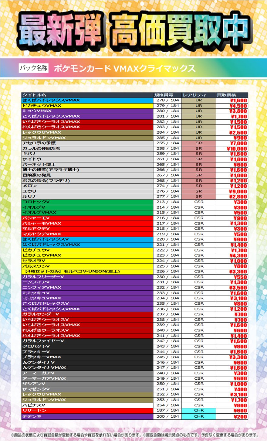 Bookoffお宝大陸和泉中央店 ポケモンカード最新弾vmaxクライマックス買取価格更新しました 1枚から大歓迎です かぶったカードなどございましたら是非当店まで Bookoff お宝大陸 Vmaxクライマックス ポケモンカード T Co Cer5gseqny