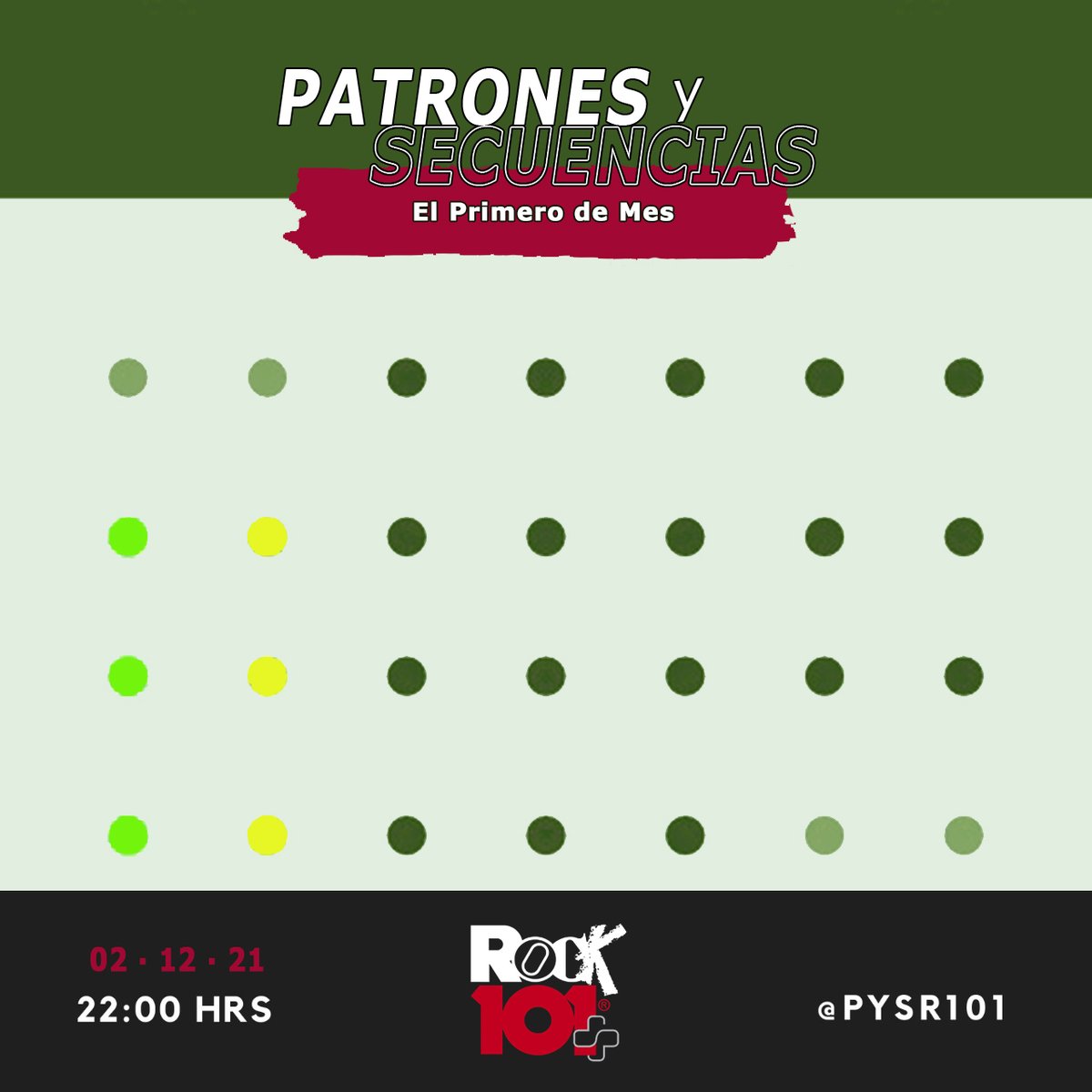 Hoy en Patrones y Secuencias:

El Primero del Mes

Por #ROCK101más y Guadalajara 95.9 FM Rock101  rock101online.mx/programas/patr…

22:00 hrs. 

Conduce: <a href="/BishopUPG/">Subunda & Breakbeats</a> 

🎙📻🤖👾