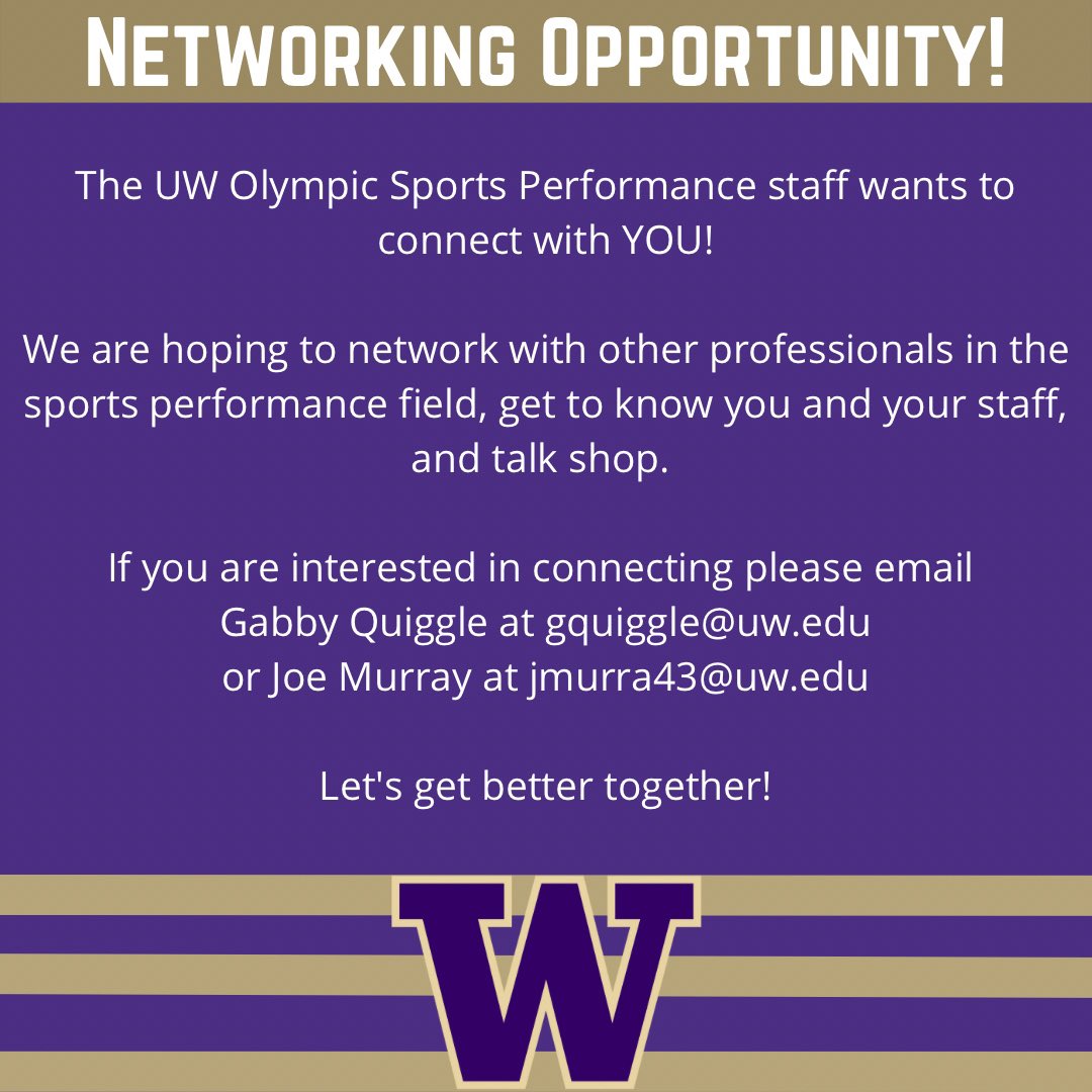 UW Olympic S&C (@uw_olystrength) on Twitter photo NETWORKING OPPORTUNITY!
DM or email Coach Gabby Quiggle at gquiggle@uw.edu or Coach Joe Murray at jmurra43@uw.edu and let’s help each other grow! 💪
Reach out for site visits and coffee/ lunch if you’re local to Seattle and Zoom if you’re a bit further away! NETWORKING OPPORTUNITY!
DM or email Coach Gabby Quiggle at gquiggle@uw.edu or Coach Joe Murray at jmurra43@uw.edu and let’s help each other grow! 💪
Reach out for site visits and coffee/ lunch if you’re local to Seattle and Zoom if you’re a bit further away!