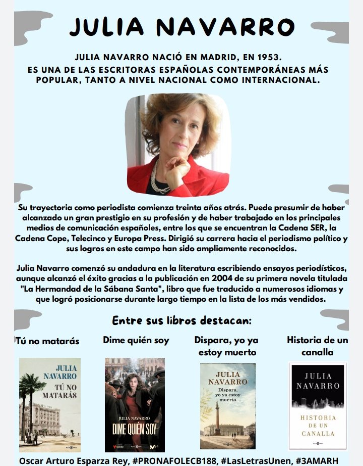 OSCARESPARZAR9's tweet photo. Autores del mes de enero:

-Julia Navarro
-Umberto Eco

 “La lectura de un buen libro es un diálogo incesante, en que el libro habla, y el alma contesta”.
(André Maurois)

#PRONAROLECB188 #3AMARH
#LasLetrasUnen https://t.co/dfKsYET1ra